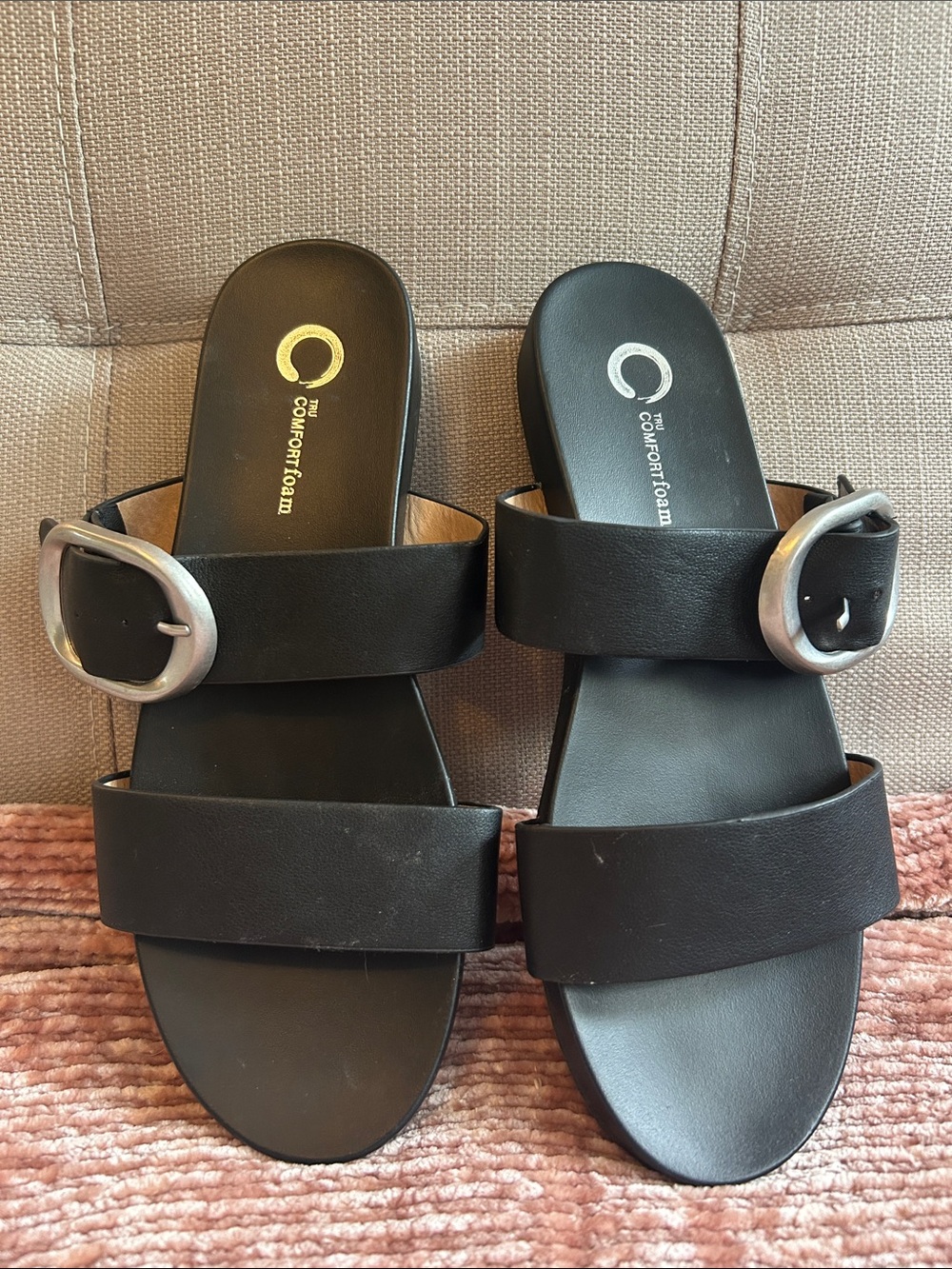 Tru Comfort Foam Black Women's Slide Sandals with Buckle Size 6.5